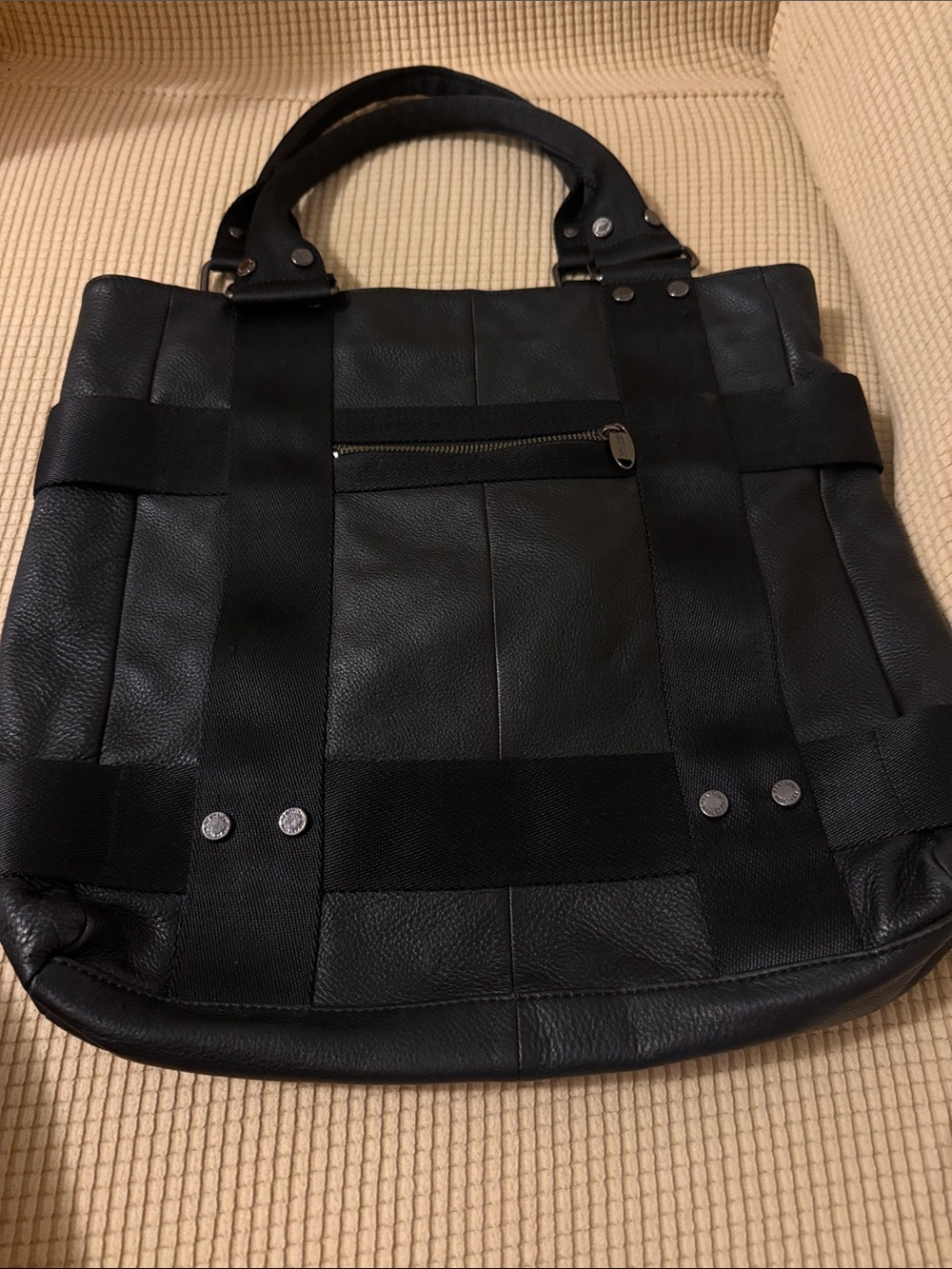 Black women's Leather Tote Bag with Front Zip Pocket